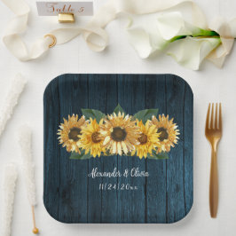 Prato De Papel Placas De Casamento Rustic Blue Sunflower