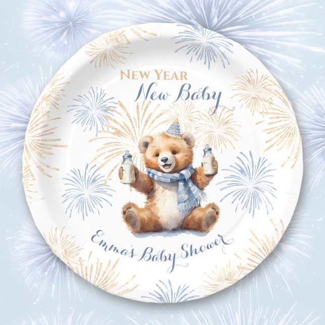 Prato De Papel Placas de Chá de fraldas de Ano Novo Blue Boy (New Year Blue Boy Baby Shower Paper Plates)