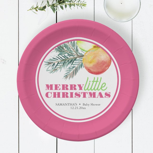 Prato De Papel Placas de Chá de fraldas do tema natalino (Pink Christmas plates features watercolor bauble and pine art by Victoria Grigaliunas DoTellABelle)