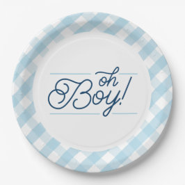 Prato De Papel Placas de Chá de fraldas "Oh Boy" de Gingham Azul