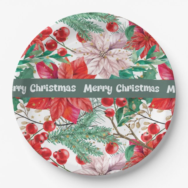 Prato De Papel Placas de Design de Poinsettia de Natal (Frente)