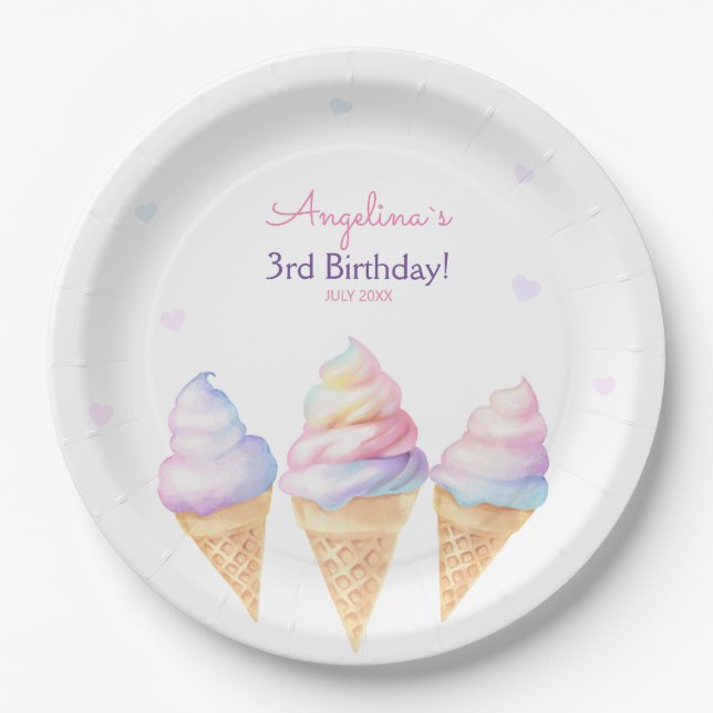 Prato De Papel Placas de festa de aniversário com sorvete doce. (Frente)