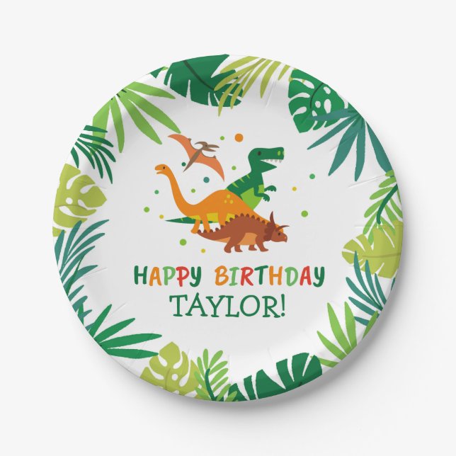 Prato De Papel Placas de Festa de aniversário de dinossauro (Frente)