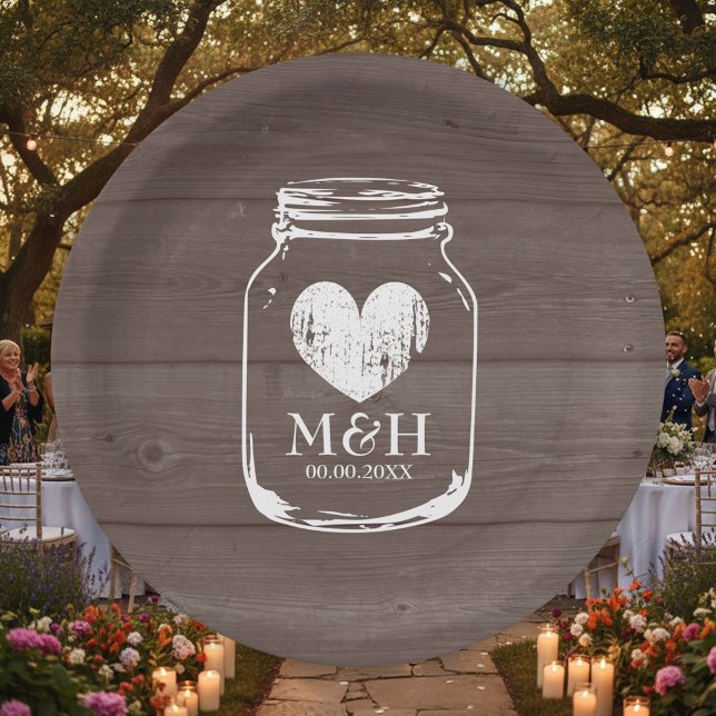 Prato De Papel Placas de festa de casamento de jarro de pedras de (Rustic wedding plates with wood grain background and mason jar outline a\plus white vintage heart.)