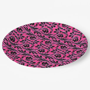 Prato De Papel PLACAS DE FESTA DE PAPEL PRETO-Rosa-Quente-Ondas M