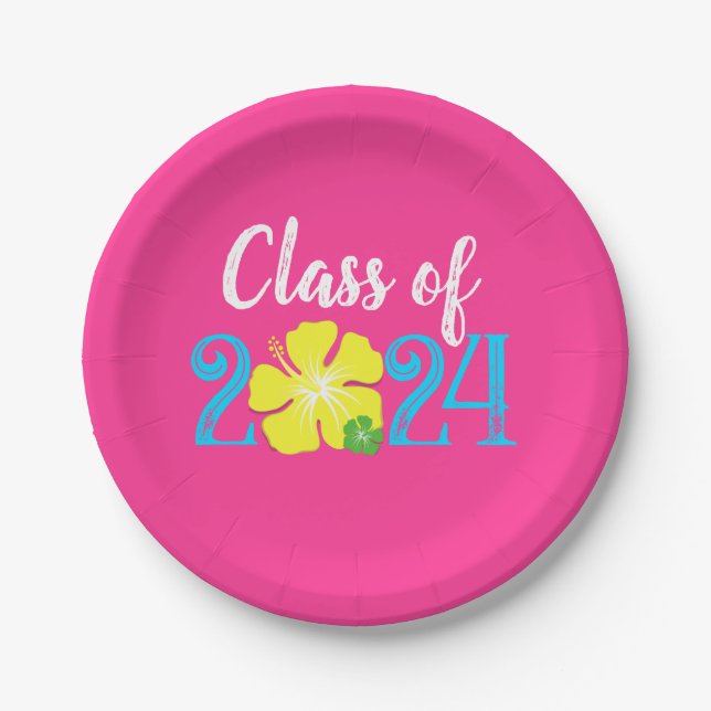 Prato De Papel Placas de Graduação Tropicais de Luau Rosa (Frente)