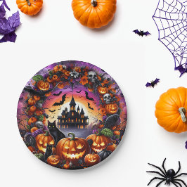 Prato De Papel Placas de Halloween Spooky Pumpkins e Casa Assombr