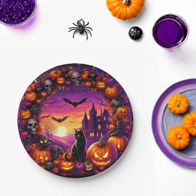Prato De Papel Placas de Halloween Spooky Pumpkins e Casa Assombr (Criador carregado)