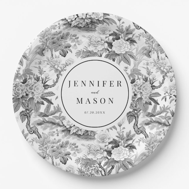 Prato De Papel Placas de monograma floral preto (Frente)