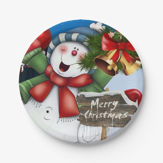Prato De Papel Placas de Natal, Feliz Snowman de Natal (Frente)