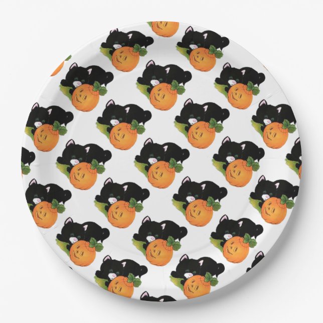 Prato De Papel Placas de papel 9"/Black Cat e Pumpkin (Frente)