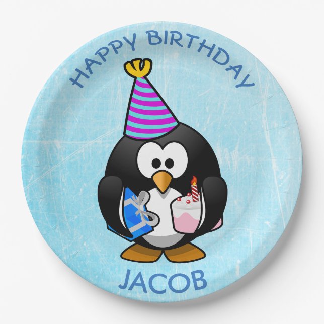 Prato De Papel Placas de papel azuis do pinguim do feliz (Frente)