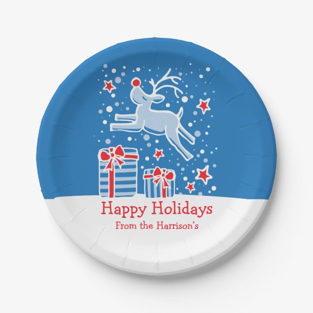Prato De Papel Placas de papel azuis para aves de rena de Natal (Frente)