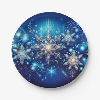 Prato De Papel Placas de papel azul com floco de neve espumante -