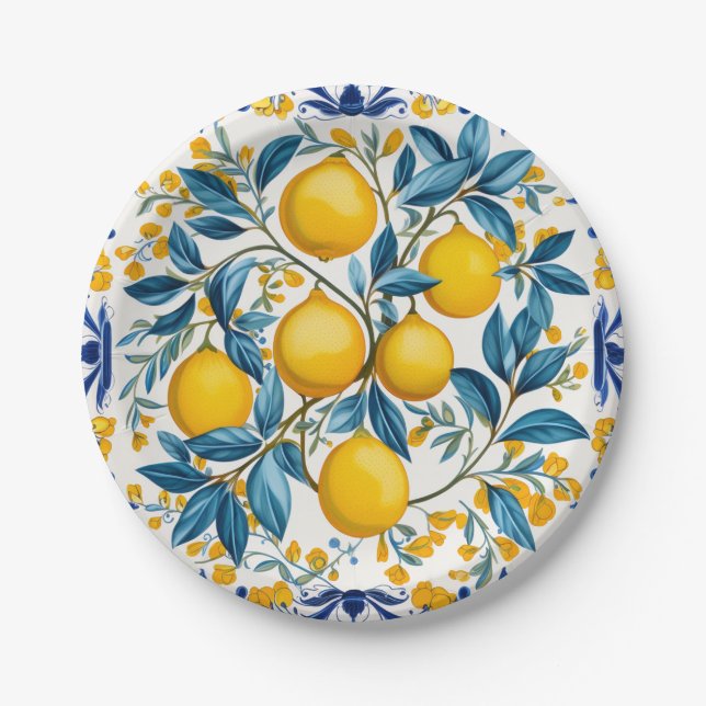 Prato De Papel Placas de papel 💙 Azulejos Lemon Orchard (Frente)