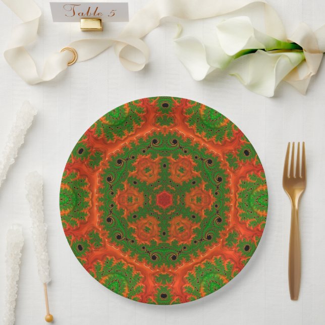Prato De Papel Placas de papel caleidoscópio laranja e verde (Casamento)
