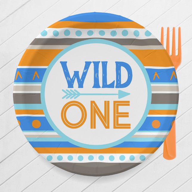 Prato De Papel Placas de papel curinga de um primeiro aniversario (Wild One 1st Birthday Party Paper Plates in Royal Blue, Baby Blue and Orange)