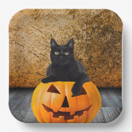 Prato De Papel Placas De Papel De 9", Gato Preto De Halloween Na 