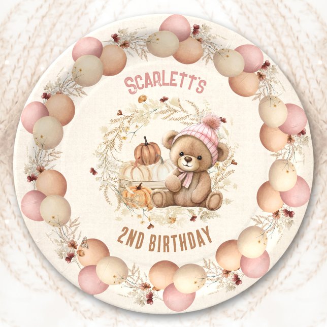 Prato De Papel Placas de papel de aniversário de ursinho de pelúc (Cute Teddy Bear Fall Girl Birthday Paper Plates)