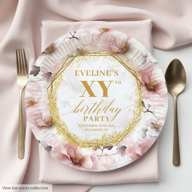 Prato De Papel Placas de papel de aniversário Douradas e borbolet (Inspiring Blush Floral Gold  Birthday Paper Plates)