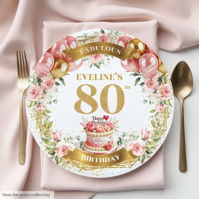 Prato De Papel Placas de papel de aniversário para 80 Dourado per (Personalized Rose Gold 80th Birthday Paper Plates)