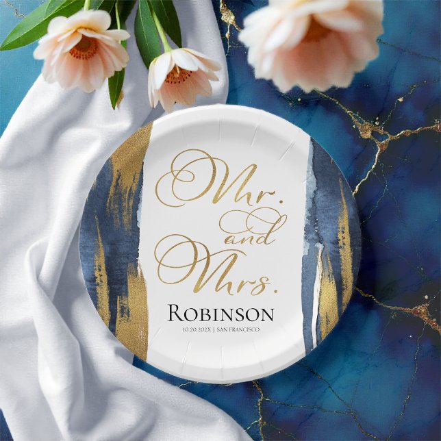 Prato De Papel Placas de papel de aquarela | Blue Wedding Abstrat (Criador carregado)