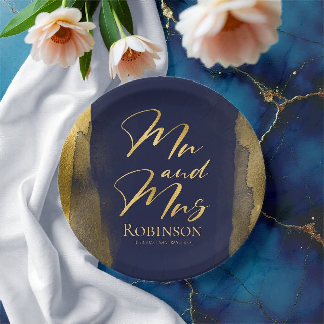 Prato De Papel Placas de papel de aquarela | Blue Wedding Abstrat (Criador carregado)