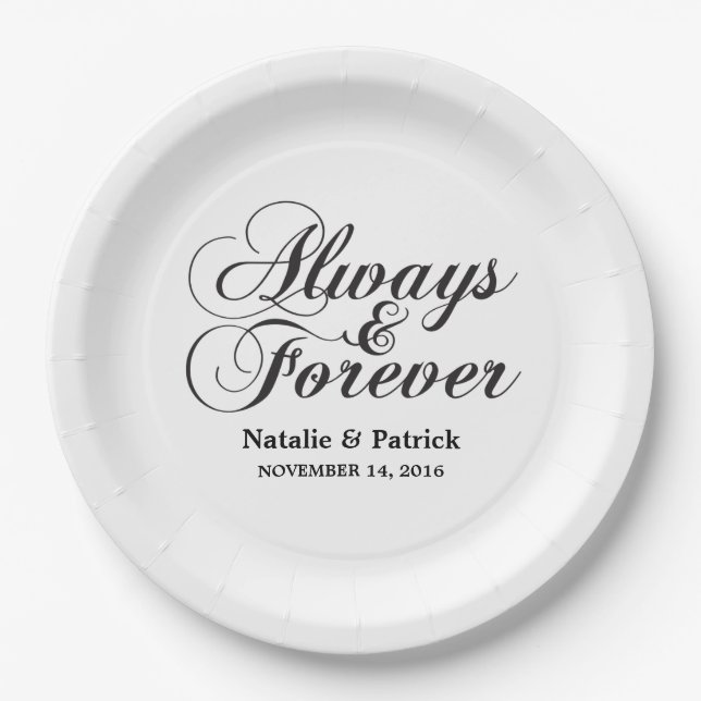 Prato De Papel Placas De Papel De Casamento Ebony Always & Foreve (Frente)