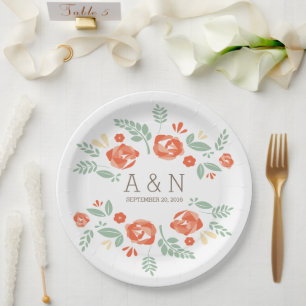 Prato De Papel Placas de papel do monograma floral alaranjado do