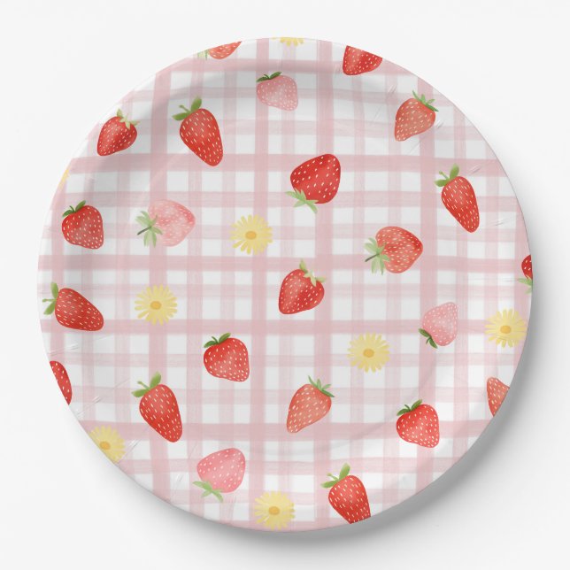 Prato De Papel Placas de papel do partido Gingham Strawberry (Frente)