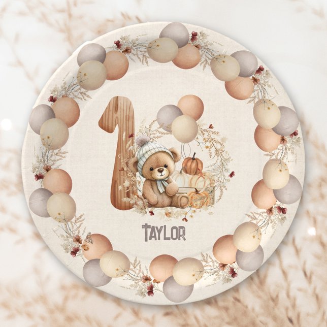 Prato De Papel Placas de papel do primeiro aniversario do Urso de (Cute Bear Fall Beary 1st Birthday Paper Plates)