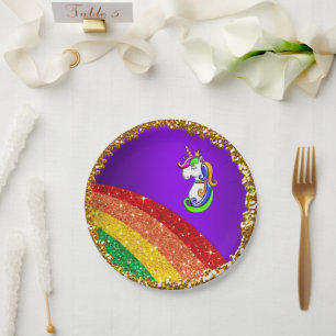 Prato De Papel Placas de papel do Rainbow Glitter Purple Unicorn