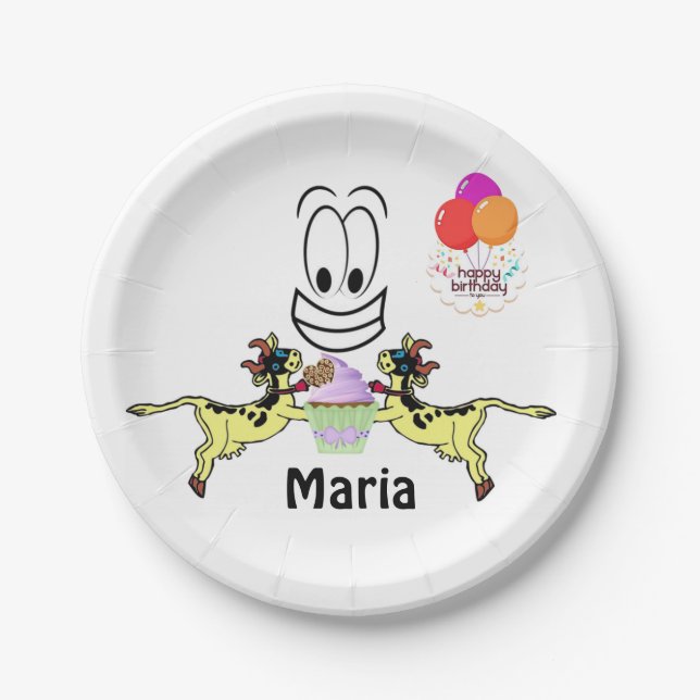 Prato De Papel Placas de Papel, Feliz Cupcake de Vaca de Aniversá (Frente)