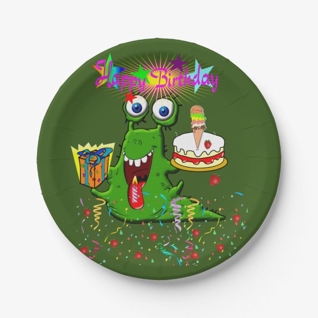 Prato De Papel Placas de Papel, Feliz Monstro de Aniversário (Frente)