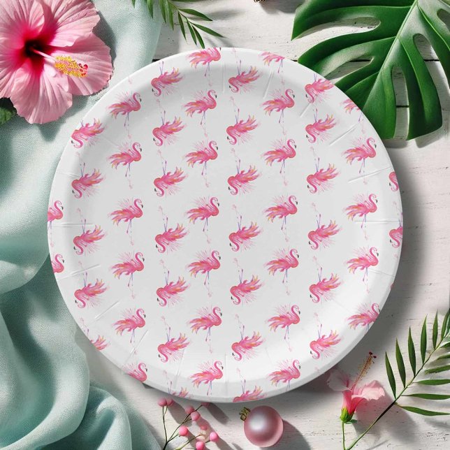 Prato De Papel Placas de papel Flamingo rosa para festa (Paper plates for party designed with hand painted watercolor pink flamingo art Victoria Grigaliunas)