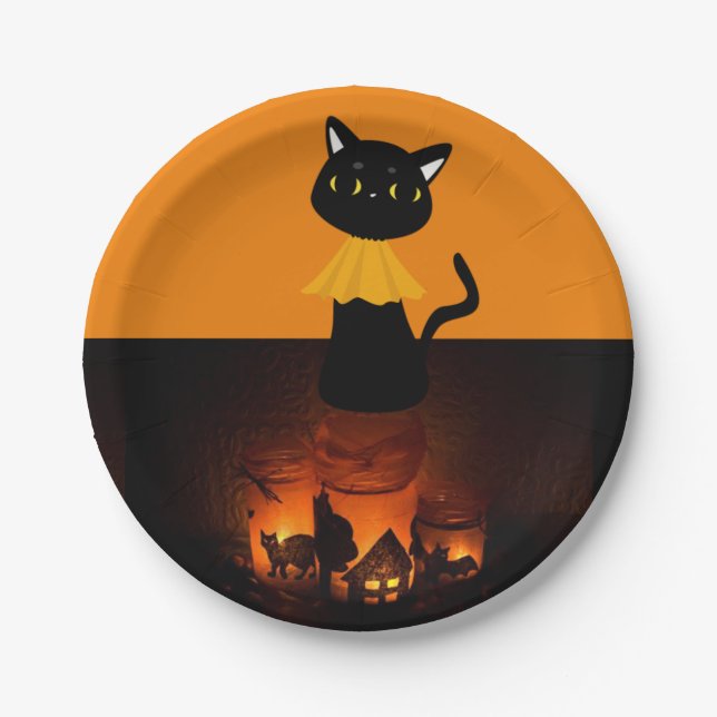 Prato De Papel Placas de papel Halloween, Black Cat (Frente)