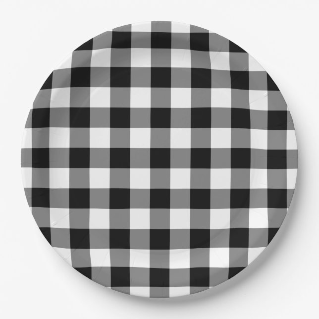 Prato De Papel Placas de papel padrão Gingham preto e branco (Frente)