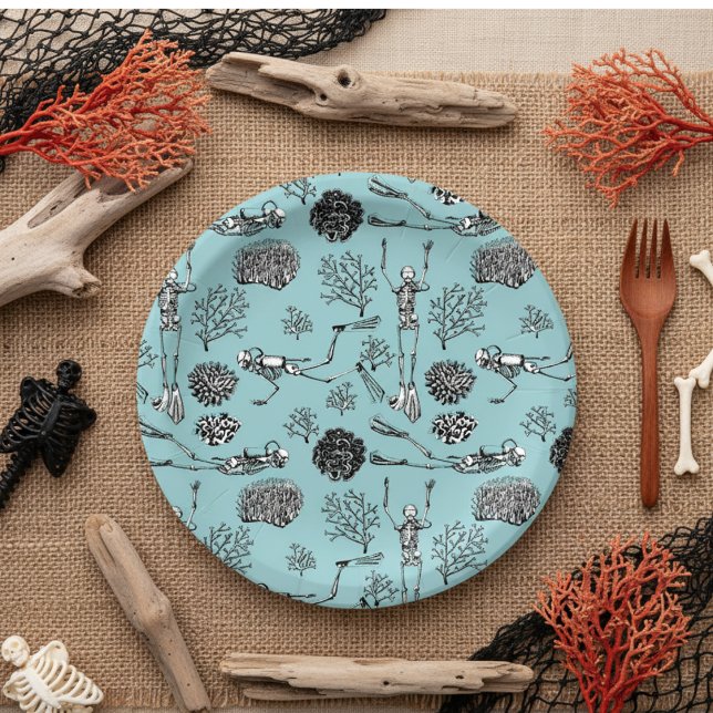 Prato De Papel Placas de papel para mergulhador esquelético (Whimsical Skeleton Scuba Diver Paper Plates. Divers Swimming in Ocean Among Coral for Ocean Birthday)