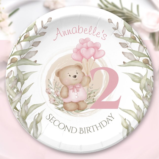 Prato De Papel Placas de papel para Urso de Teddy, com Cubo de se (Pink 2nd Birthday Cute Teddy Bear Paper Plates)