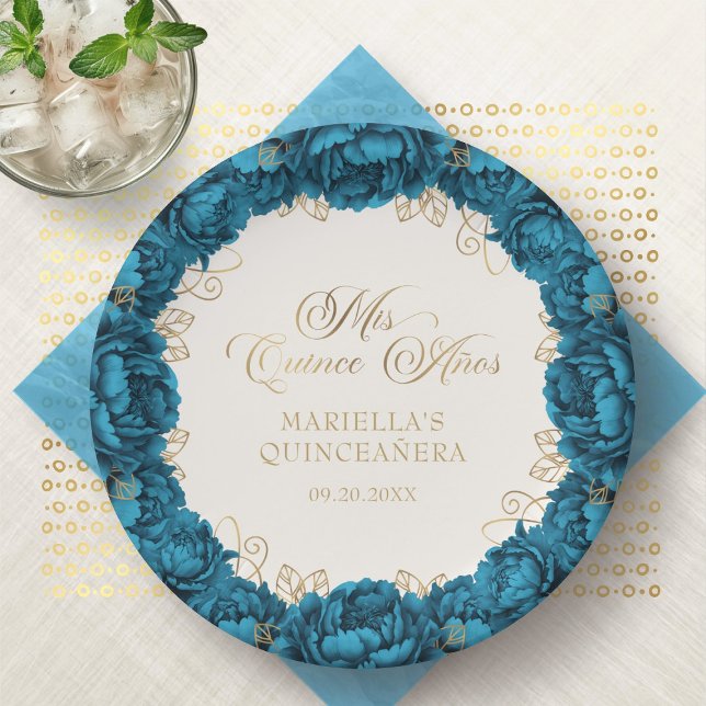 Prato De Papel Placas De Papel Teal Floral De Quinceanera (Criador carregado)