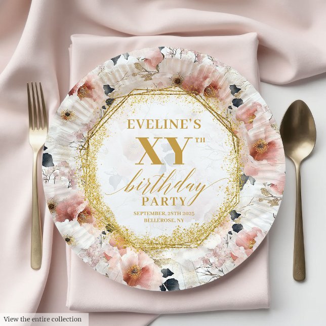 Prato De Papel Placas de Papuásia Brancas, Brancas e Pink, Joyful (Joyful Floral Dusty Pink Birthday Paper Plates)