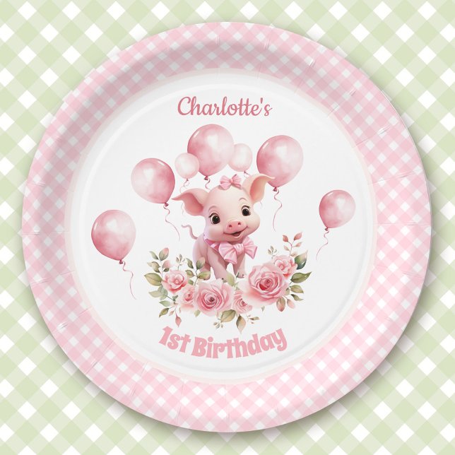 Prato De Papel Placas de primeiro aniversario de Fazenda de porco (Cute Piggy Pink Farm Themed 1st Birthday Party Paper Plates)