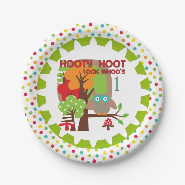 Prato De Papel Placas de primeiro aniversario Hoot Owl Hooty (Frente)