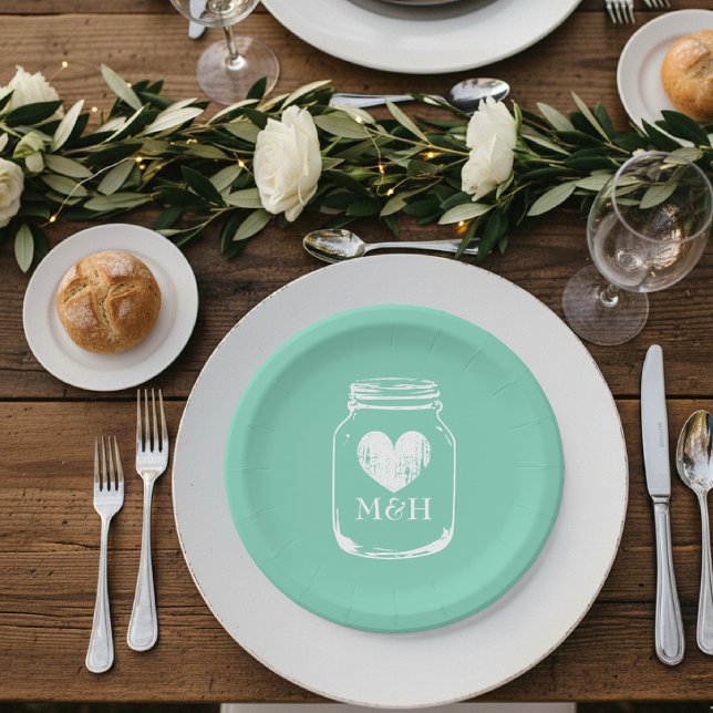 Prato De Papel Placas de vidro de pedras para mason chic country  (mint green paper plate for wedding. Mason jar outline)