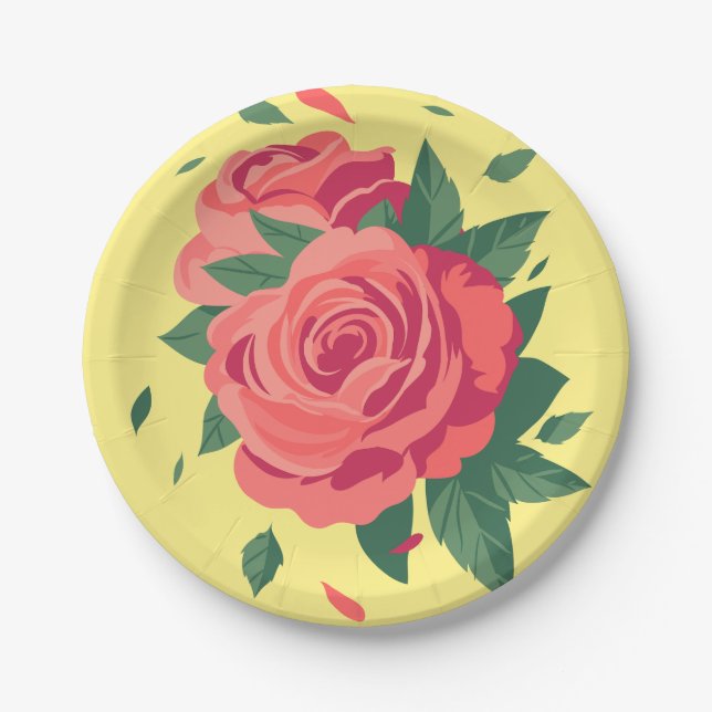Prato De Papel Placas do Partido namorados rosas rosa em amarelo (Frente)