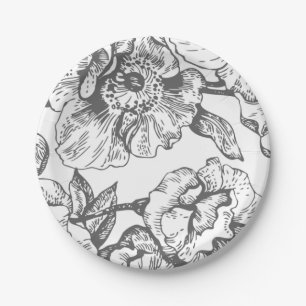 Prato De Papel Placas florais do vintage preto e branco