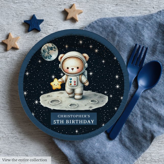 Prato De Papel Placas personalizadas para Chás de Bear Astronauta (Teddy Bear Astronaut Baby Boy Shower Custom Plates)