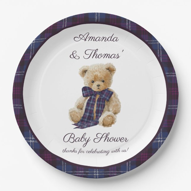 Prato De Papel Plaid Bear Themed Baby Shower  (Frente)