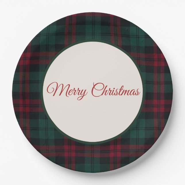 Prato De Papel Plaid de Natal Clássico Feliz Natal (Frente)