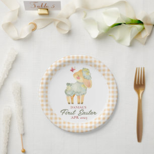 Prato De Papel Plaid Personalizado Cordeirinho Meu Primeiro Pásco